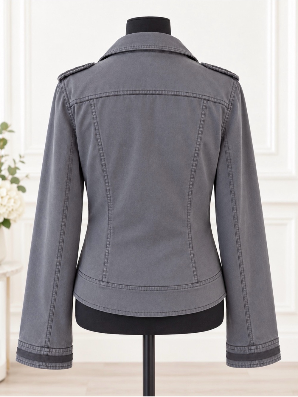 Charcoal Gray/Green Dress Jacket w/Rhinestone Adorned Buttons and Trimmed Sleeve - Picture 8 of 12